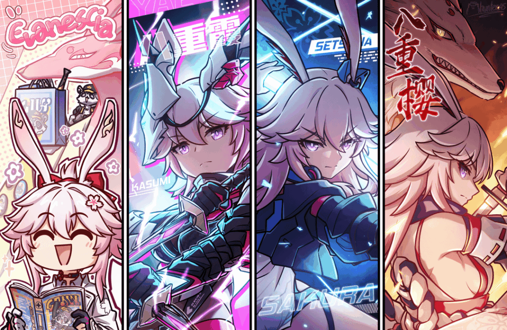 八重桜、桜だけど八重じゃない、八重だけどかすみ、桜じゃなくて巫女とエヴァネシアがいます。