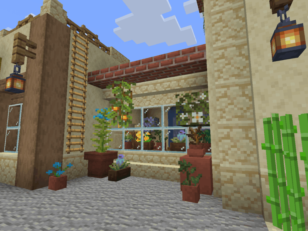 地中海の別荘の建物をつなぐ居心地の良い廊下 (MOD サバイバル)