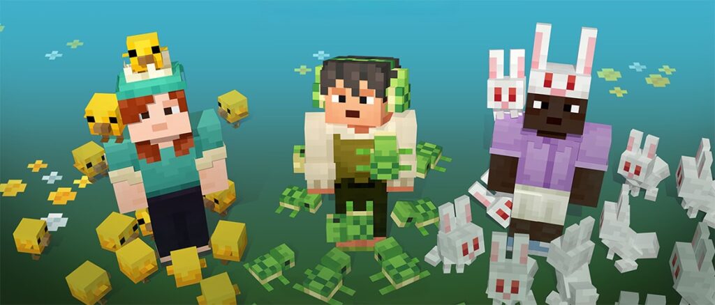 A Minecraft player character surrounded by baby chicks