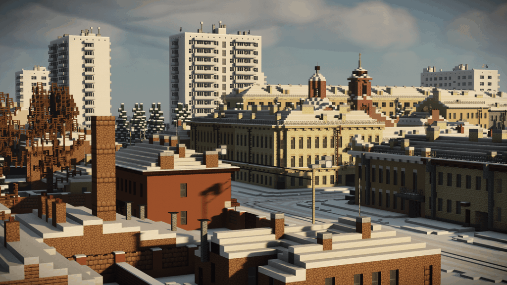1960 年代の東ヨーロッパの大規模な冬の都市。 (4 年以上かけて完全に Minecraft で構築)
