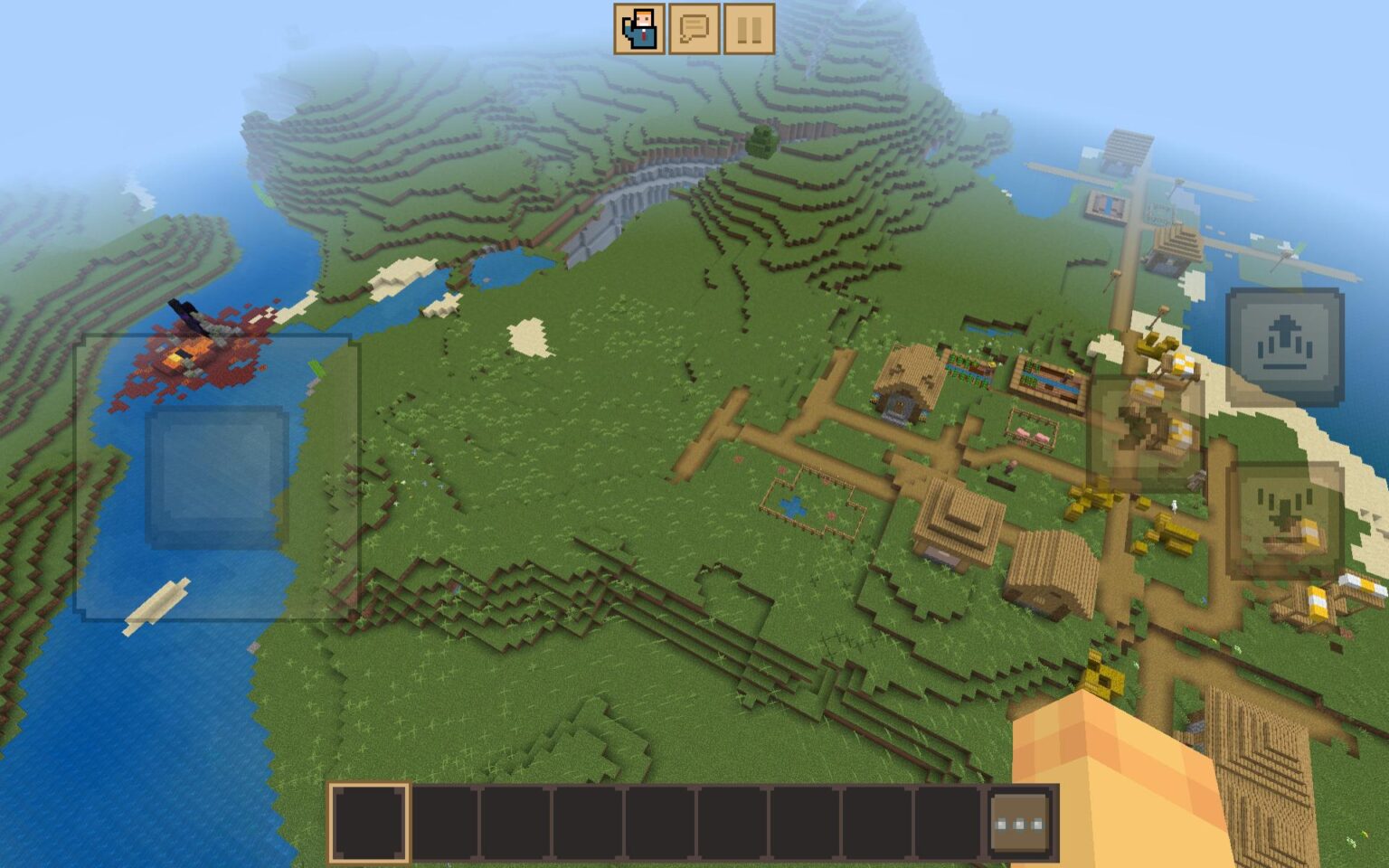 岩盤の世界。あなたは村でスポーンし、その隣に廃墟のポータルがあり、その隣には山のある中規模の渓谷があります。