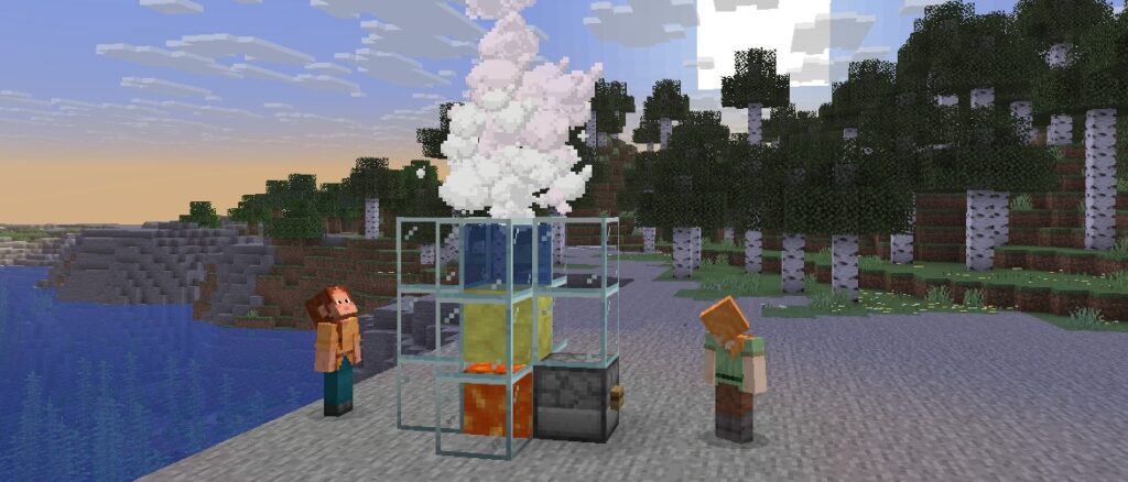 Minecraft 26.2 Snapshot 7 | Minecraft Alex and Ari are standing on a stony shoreline around a contraption with a dispenser that has dispensed lava under a Potent Sulfur block. A geyser is erupting above the potent sulfur. Alex is looking at a button on the dispenser, while Ari is looking at the geyser. The sun is rising over a birch forest in the background.