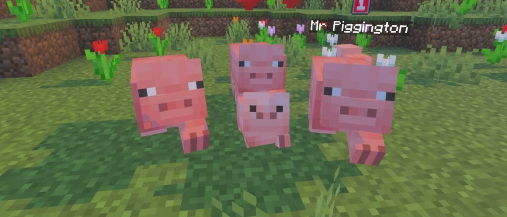 LET’S PLAY: FANTASTIC PETS | Minecraft Four baby pigs stand close together on grassy terrain dotted with flowers; one is labeled “Mr Piggington” with a level indicator above its name, suggesting a group of tamed pet pigs.