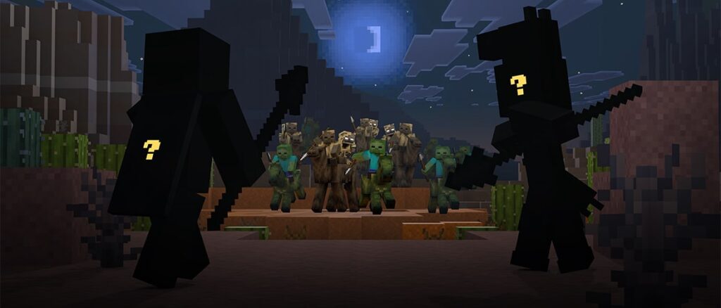 Two silhouettes in the foreground, and a group of mounted zombies in the background riding towards them.