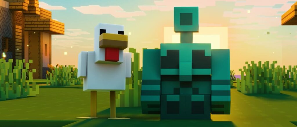 Shaping 2025 in Minecraft | Minecraft Wide sunset scene with a Minecraft chicken and teal armor golem standing together near village houses