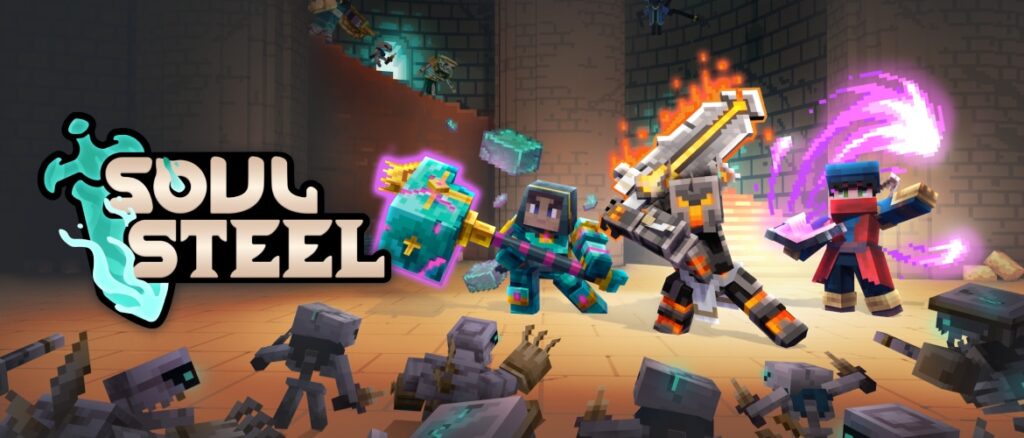 Three warriors wielding different weapons while standing in front a group of hostile mobs.