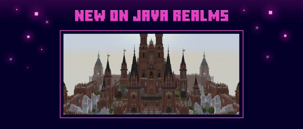 A screenshot of a detailed Minecraft castle sitting upon a frame, with purple space behind it.