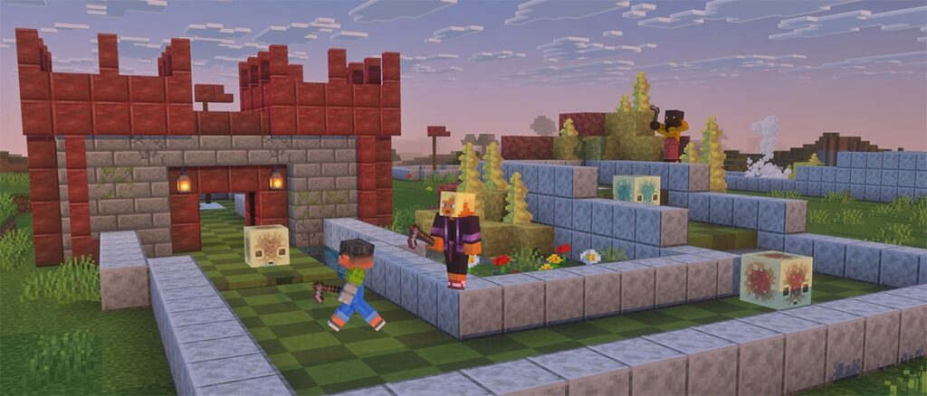 Play Chaos Cubed with Minecraft Realms Three players on a minigolf course built in Minecraft.
