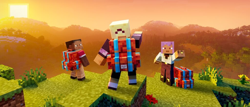 Three Minecraft adventurers wearing and carrying orange-red Herschel backpacks stand together on a grassy hill at sunrise above a vast Minecraft world.