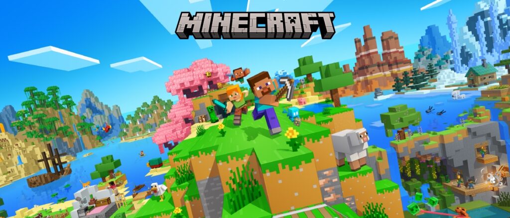 10 月 28 日に Nintendo Switch™ 2 版 Minecraft が登場します! Minecraft promotional artwork showing players exploring diverse biomes, animals, and structures across a vibrant blocky world beneath the Minecraft logo.