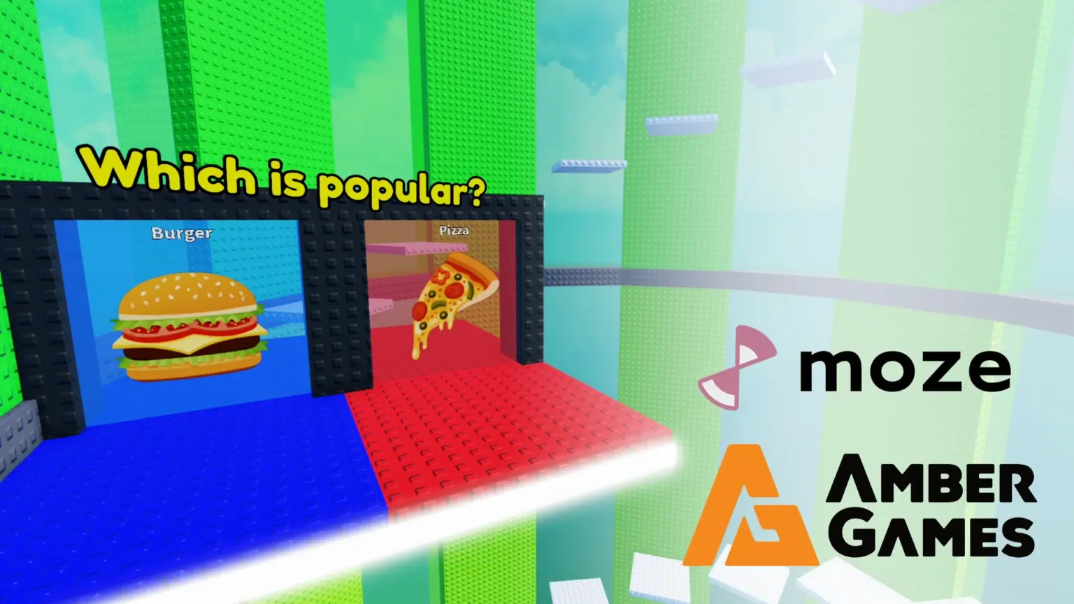 BS朝日「AMBER GAMES」とmoze、Roblox共同プロジェクト第一弾「Left or Right Tower」を発表 「Left or Right Tower」ゲーム画面と人気投票ゲート、企業ロゴ