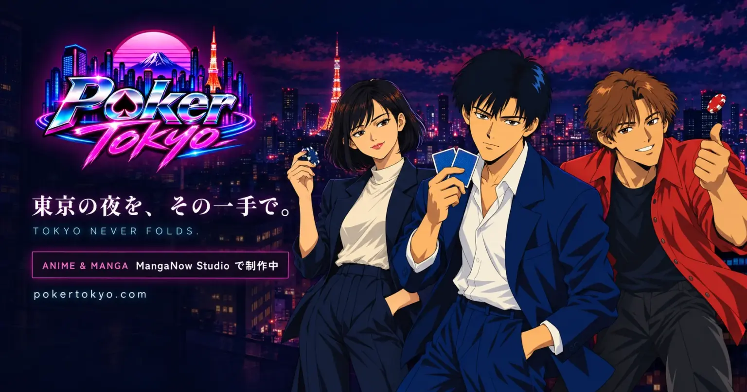「Poker Tokyo」ブラウザゲームが10月21日公開! 1988年の東京舞台に自社開発AIと対戦 | AppBank Poker Tokyoのキービジュアル。夜の東京を背景に主人公3人が並ぶ