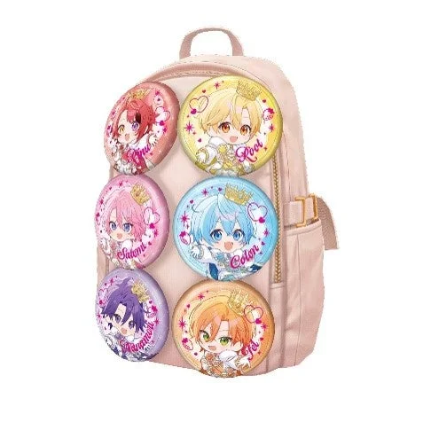 キャラクター缶バッジ6個が付いたピンクベージュのバックパック