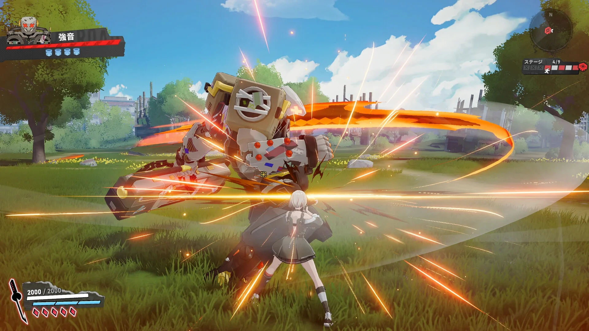 草原で白髪の少女が大型ロボットの攻撃を受けるアクションゲーム画面