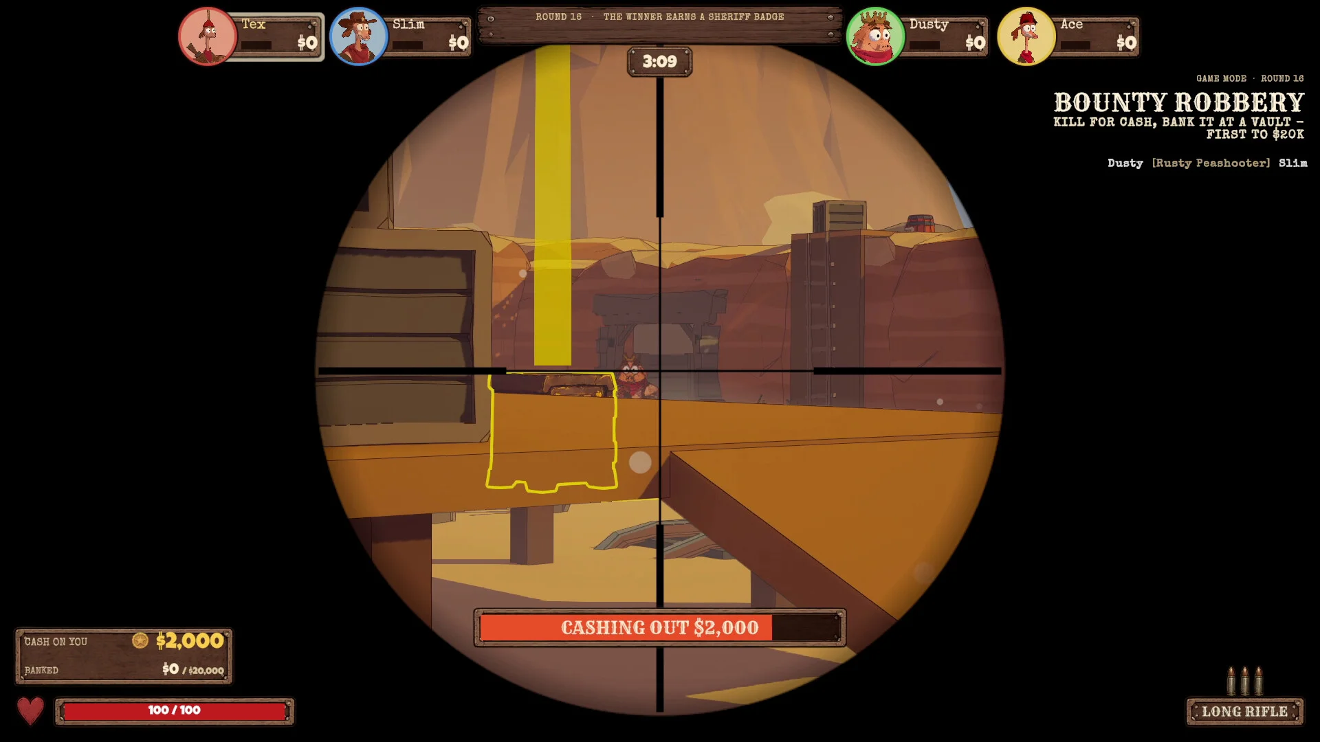 BOUNTY ROBBERY モードでLONG RIFLEのスコープ越しに見るゲーム画面